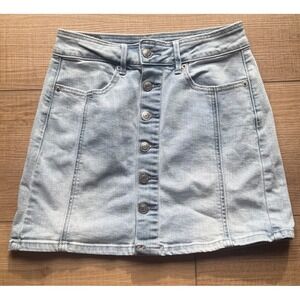 American Eagle‎ Womens Skirt Size 0 Blue Denim Button Close Super Stretch Preppy